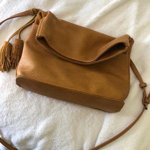 Leather bucket purse, Ochre color, magnet foldover clasp